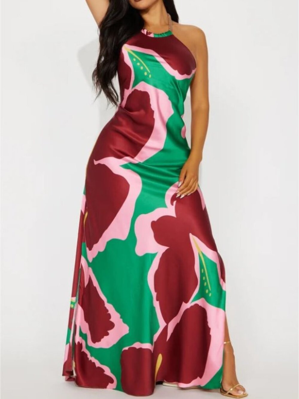 Fashion Nova Green, Pink & RUST Halter Maxi Dress SATEEN NEW WITH TAG M